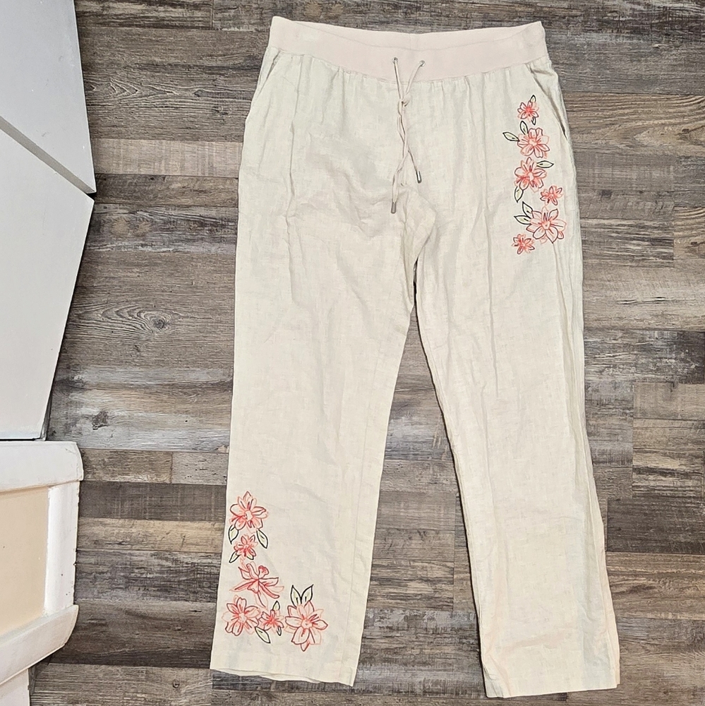 NWT Beige Linen Pants w/ Pockets & Flower Embroidery sz L Orig $99+Tax